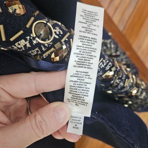 Chico’s Demitria Cardigan Women L Navy Gold Embroidered Byzantine Beaded Zip‎ Up - Picture 5 of 11